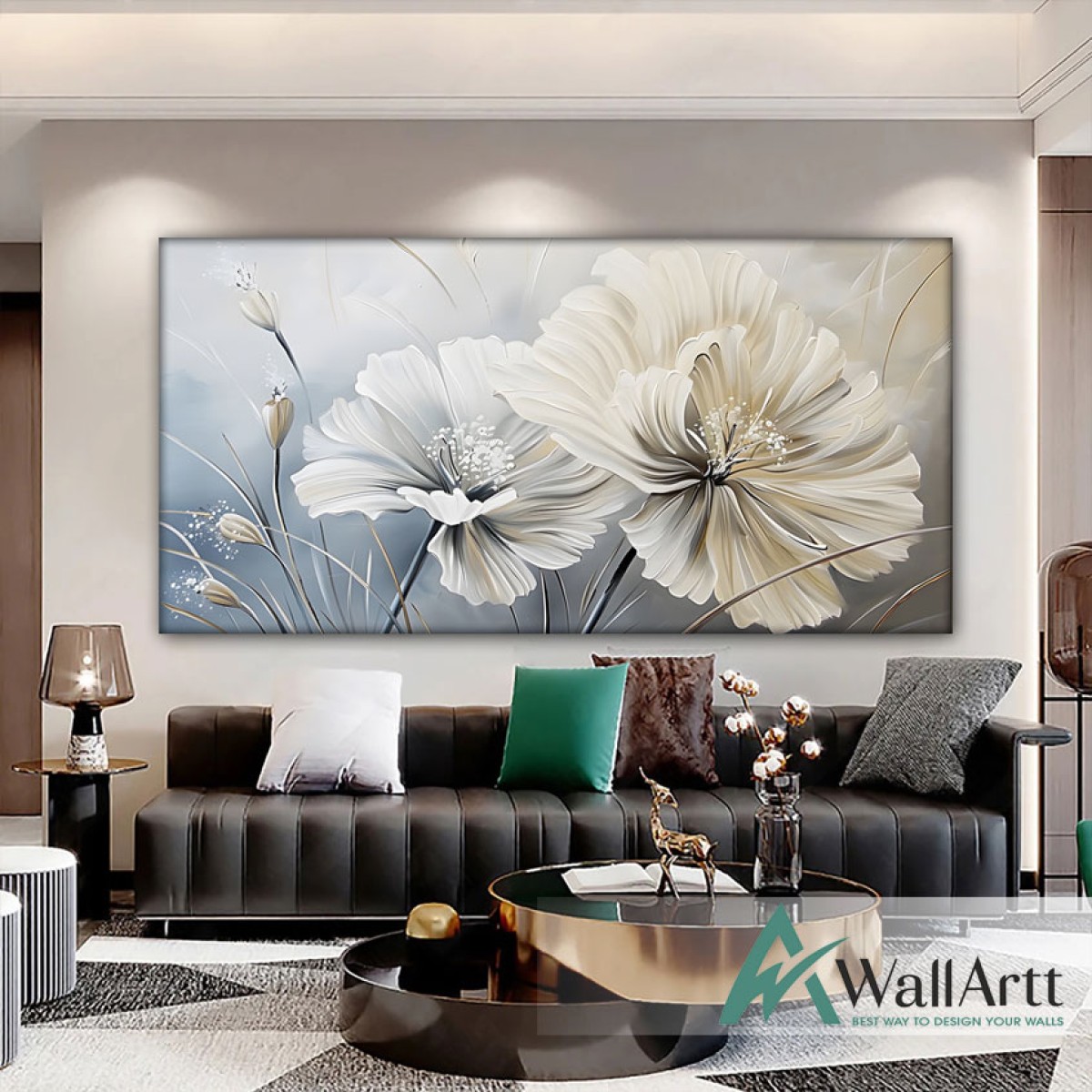 White Beige Flowers Textured Partial Oil Painting - Wall Art